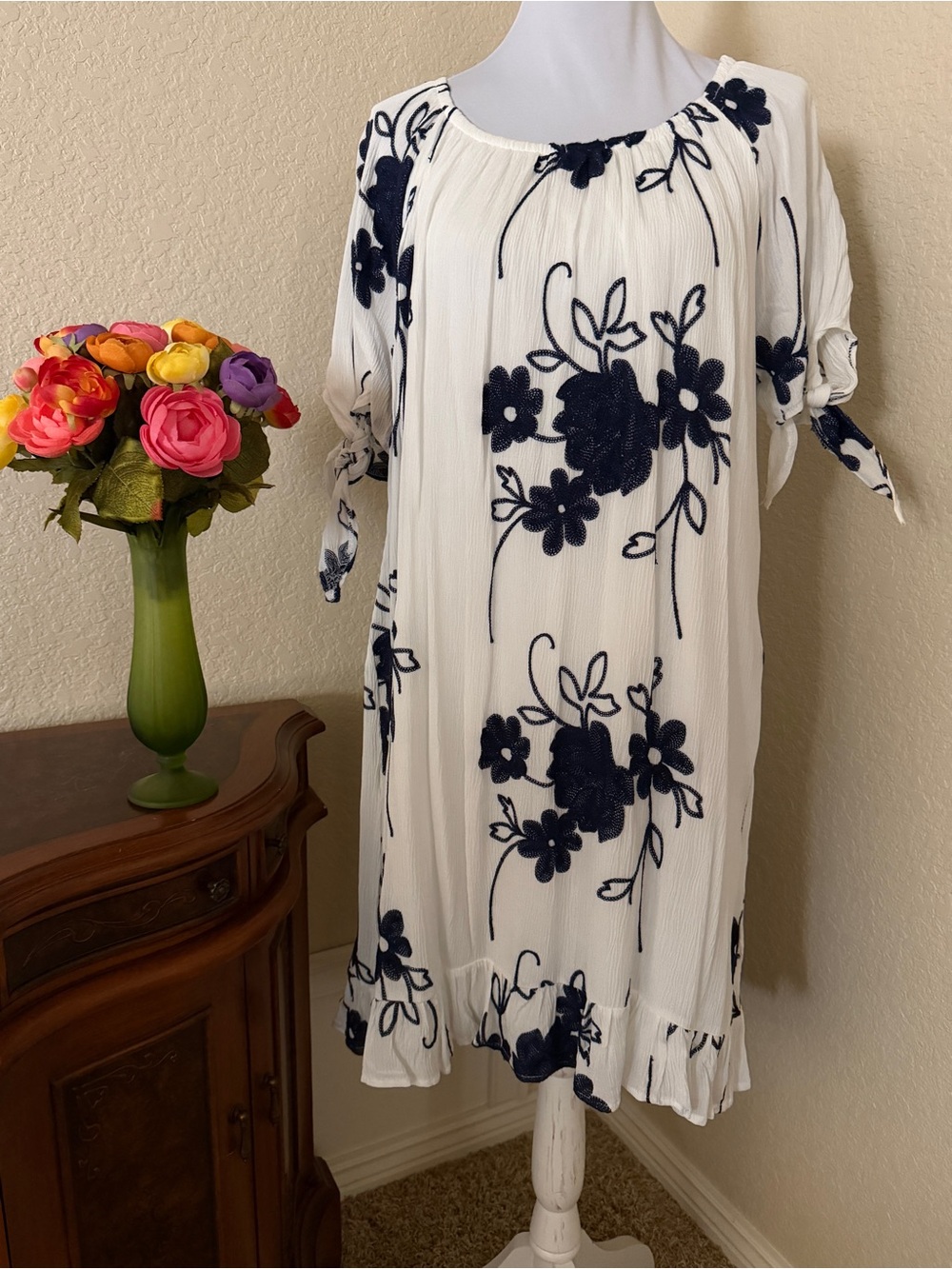 LIV LOS ANGELES White Midi Dress with Navy Floral Embroidery